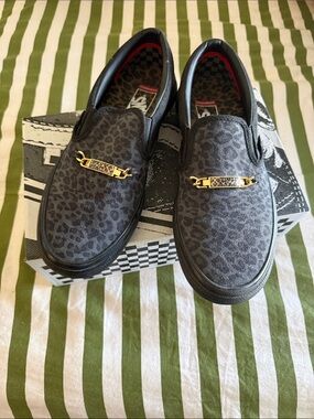 Vans Men’s Charcoal Leopard Print Slip-On Loafers with Gold Accent